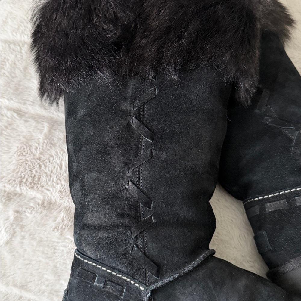 UGG Women’s Suede Fur-Trimmed Tall Boots, Black, Size 10 - Picture 2 of 7